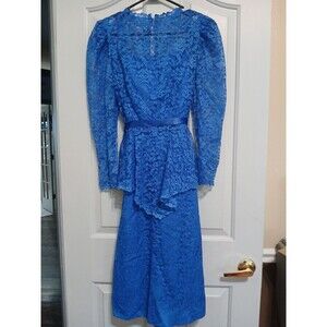 Vintage 70's Handmade Blue Lace A-line Midi Evening Dress W/ Lace Overlay S/M